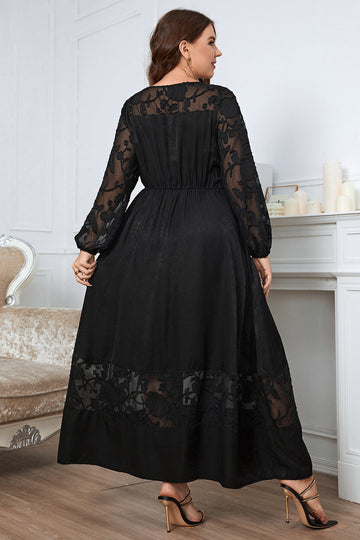 Negro Talla Grande Mangas Largas Cuello Redondo Vestido de Verano